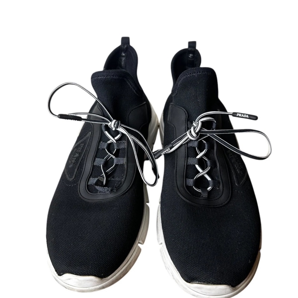 Prada Knit Lace Up Black Trainer Sneakers Shoes Black White Size 38.5 8.5 - Picture 4 of 13